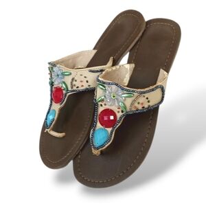 Beige Beaded Boho Thong Sandals Flat Slides Colorful Flowers Cute Beach Bedazzle